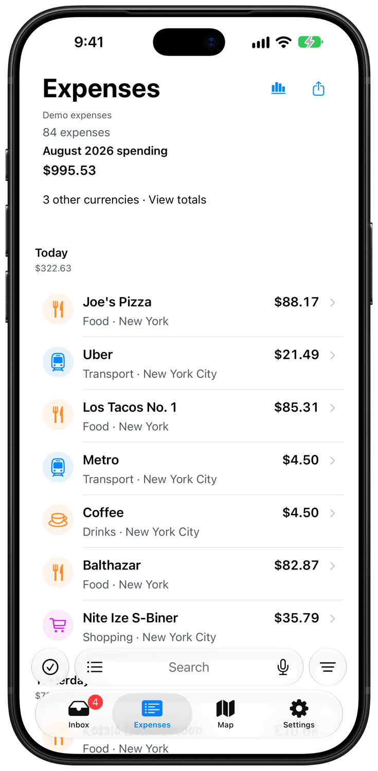 Date-grouped expense history, monthly spending and search on iPhone 18 Pro Max.