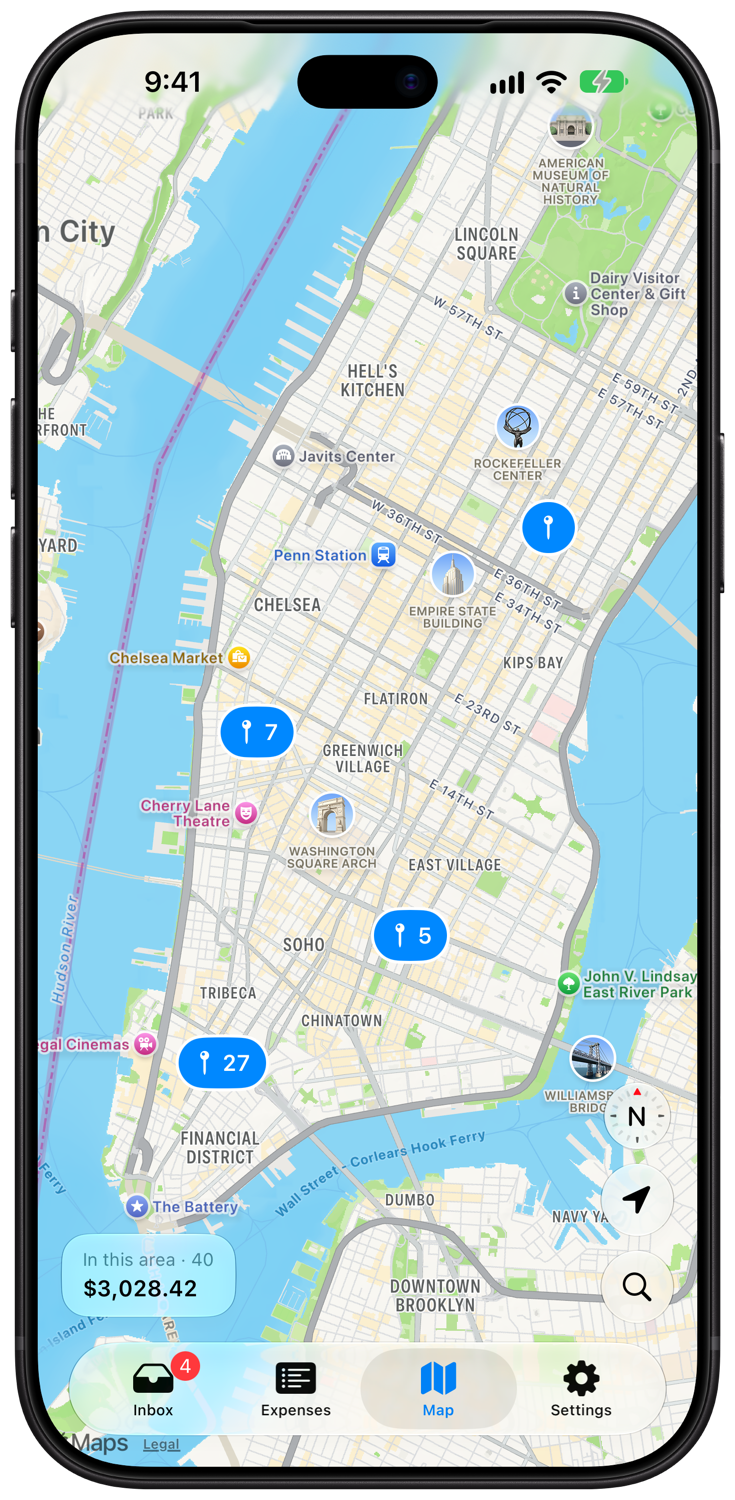 Expense Map purchases pinned around New York City, with a total for the visible area.