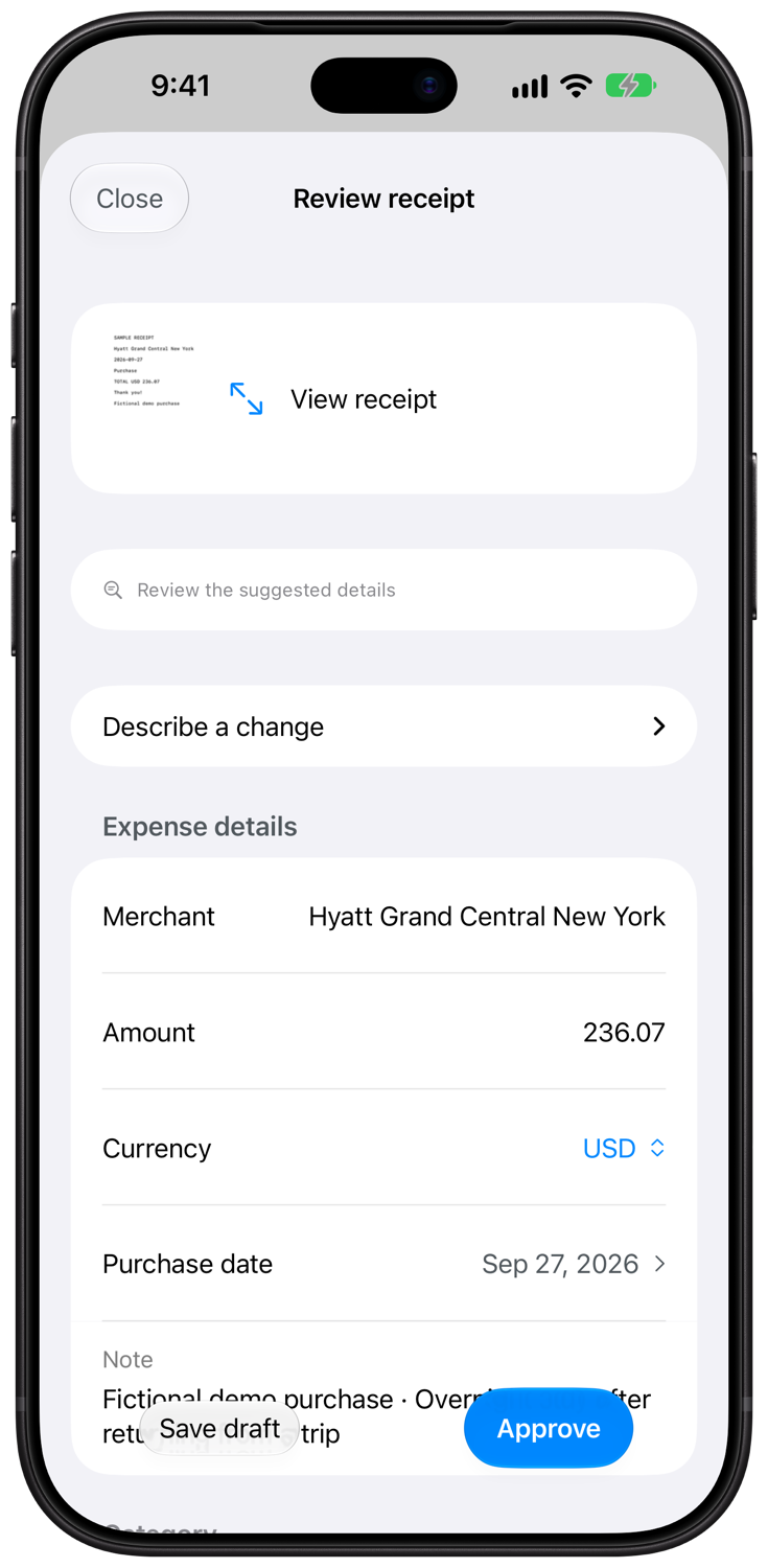 Receipt draft with the original receipt and editable merchant, amount, currency and date on iPhone 18 Pro Max.